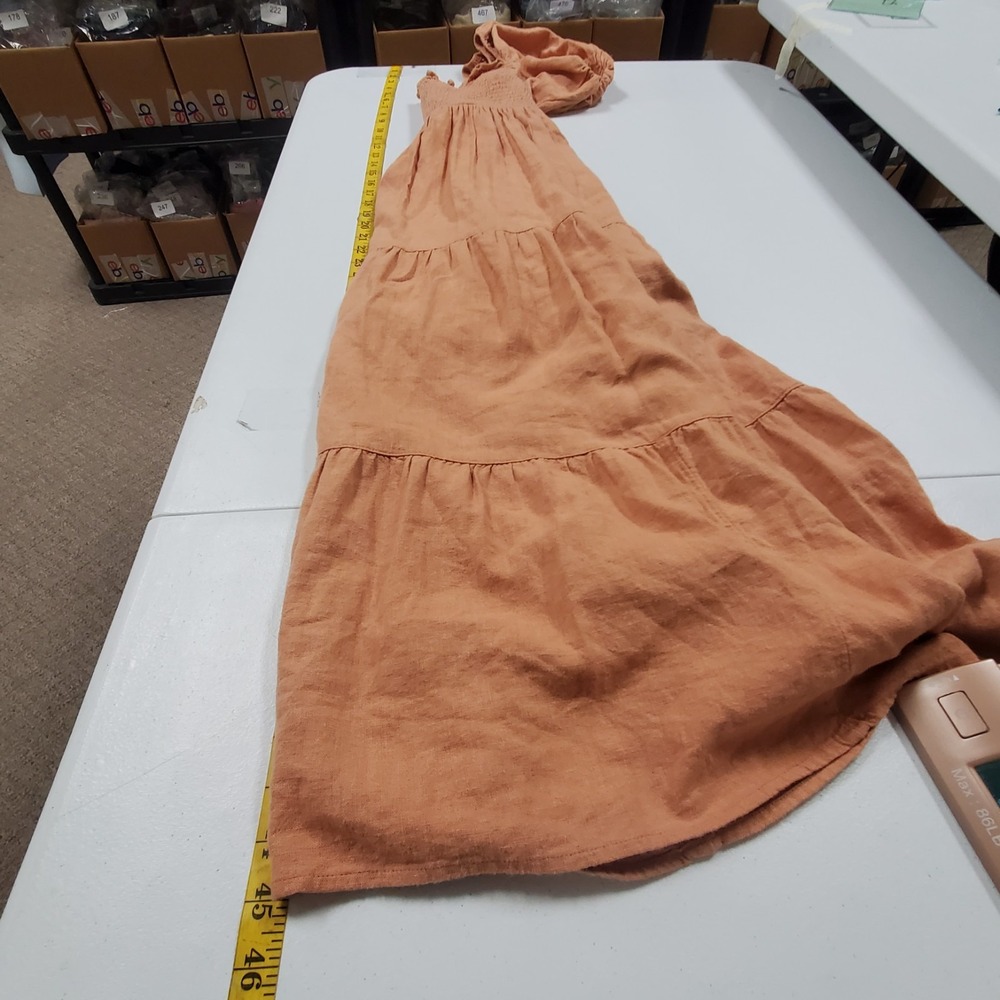 Abercrombie & Fitch Linen Smocked Maxi Dress Orange Puff Sleeve Tiered Pockets S - Picture 11 of 14